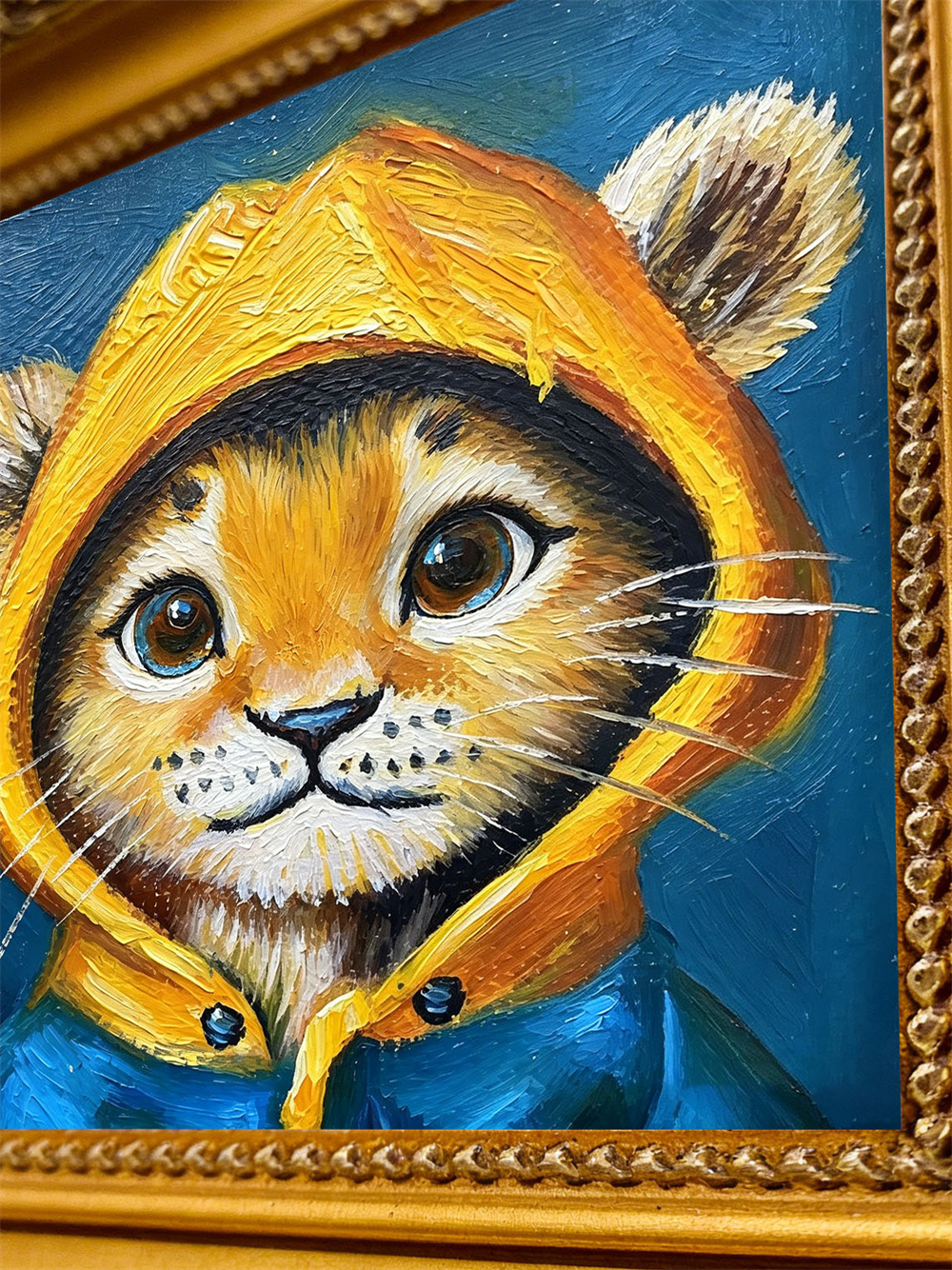 Cute Baby Lion Cub Yellow Hoodie Mini Framed Oil Painting, Deep Blue Background Antique Gold Frame Kids Nursery Desk Decor Gift