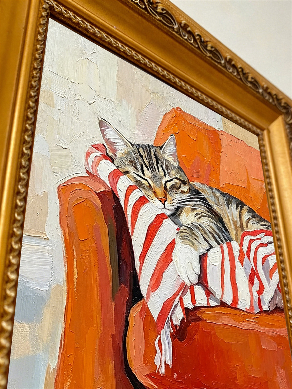Sleeping Tabby Cat Orange Armchair Striped Blanket Impasto Oil Painting, Ornate Carved Gold Framed Small Square Wall Art,  Canvas Decor