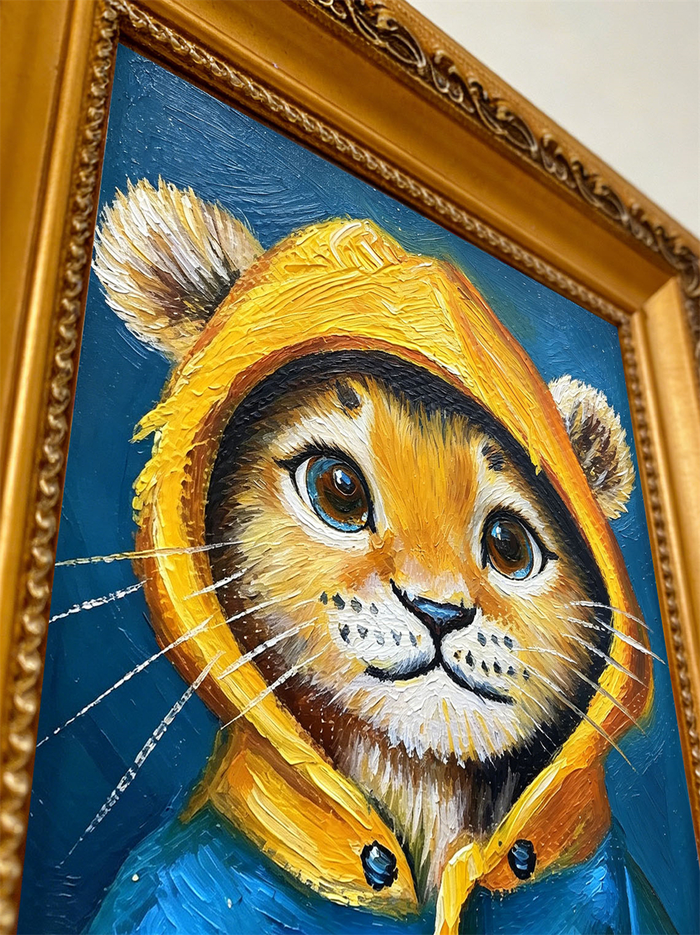 Cute Baby Lion Cub Yellow Hoodie Mini Framed Oil Painting, Deep Blue Background Antique Gold Frame Kids Nursery Desk Decor Gift
