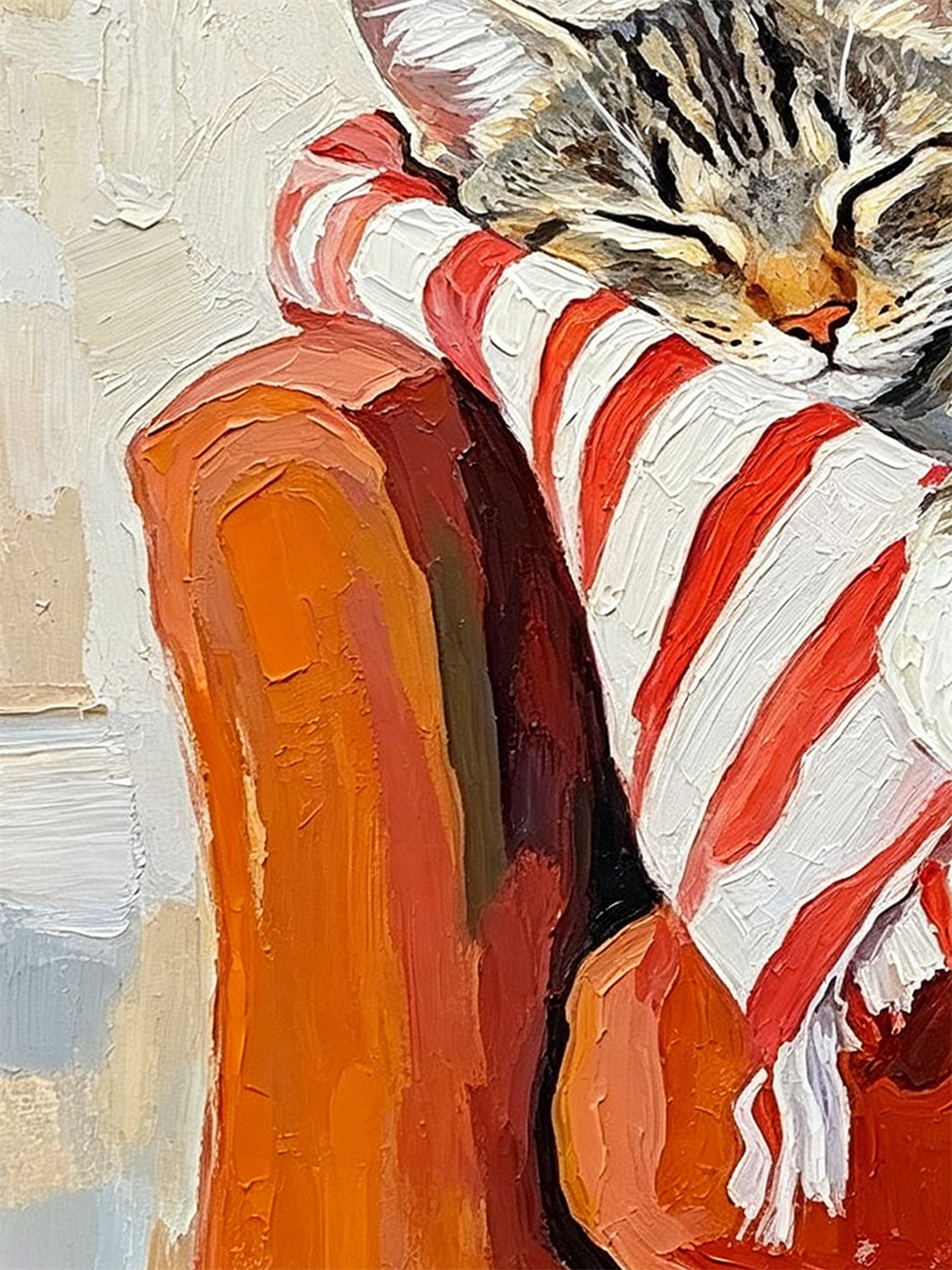 Sleeping Tabby Cat Orange Armchair Striped Blanket Impasto Oil Painting, Ornate Carved Gold Framed Small Square Wall Art,  Canvas Decor