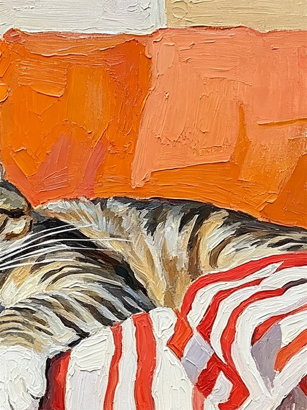 Sleeping Tabby Cat Orange Armchair Striped Blanket Impasto Oil Painting, Ornate Carved Gold Framed Small Square Wall Art,  Canvas Decor