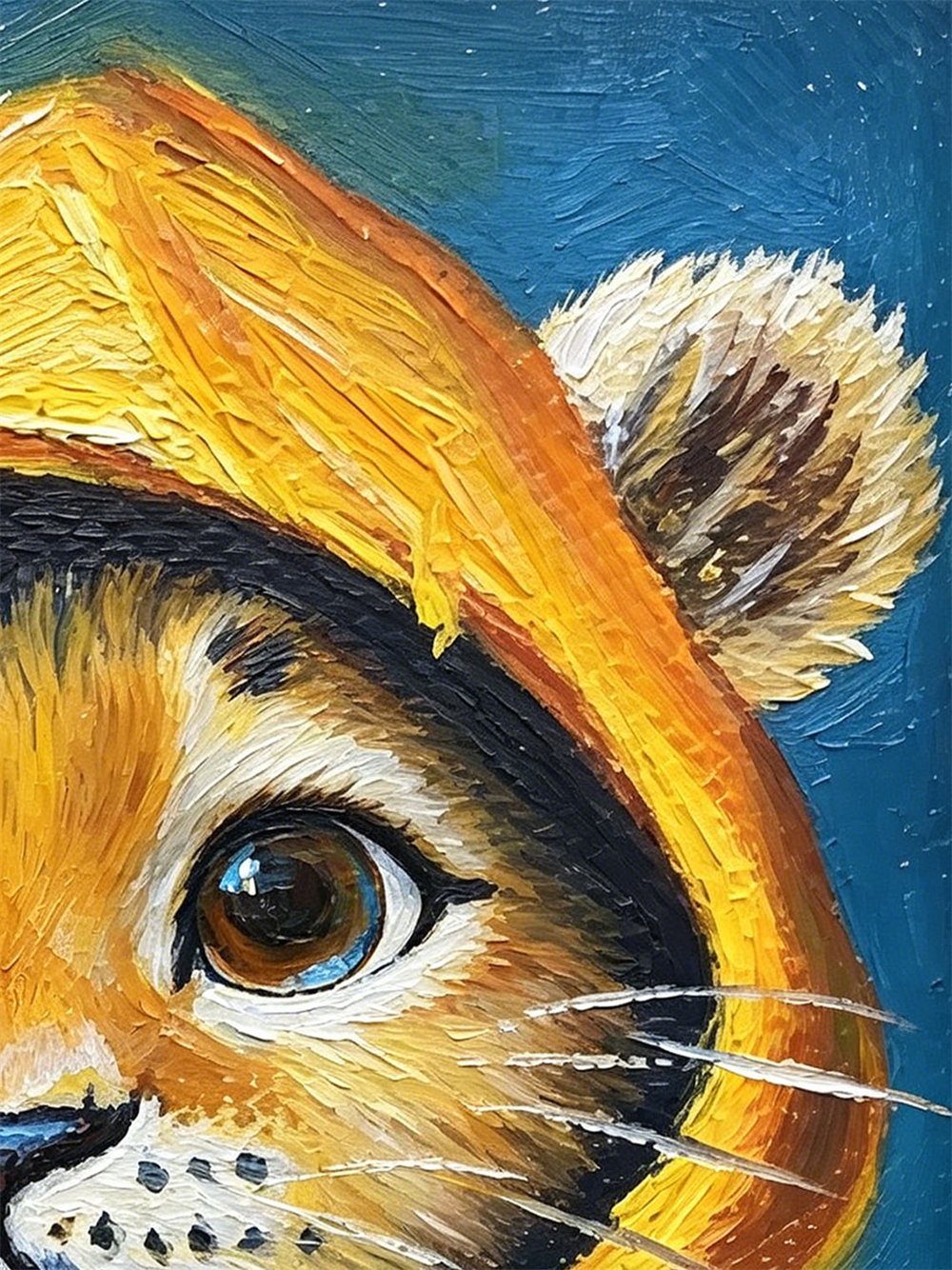 Cute Baby Lion Cub Yellow Hoodie Mini Framed Oil Painting, Deep Blue Background Antique Gold Frame Kids Nursery Desk Decor Gift