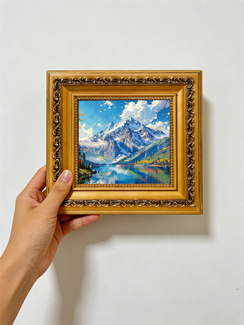 snow mountain lake painting solid wood square wall art home decor