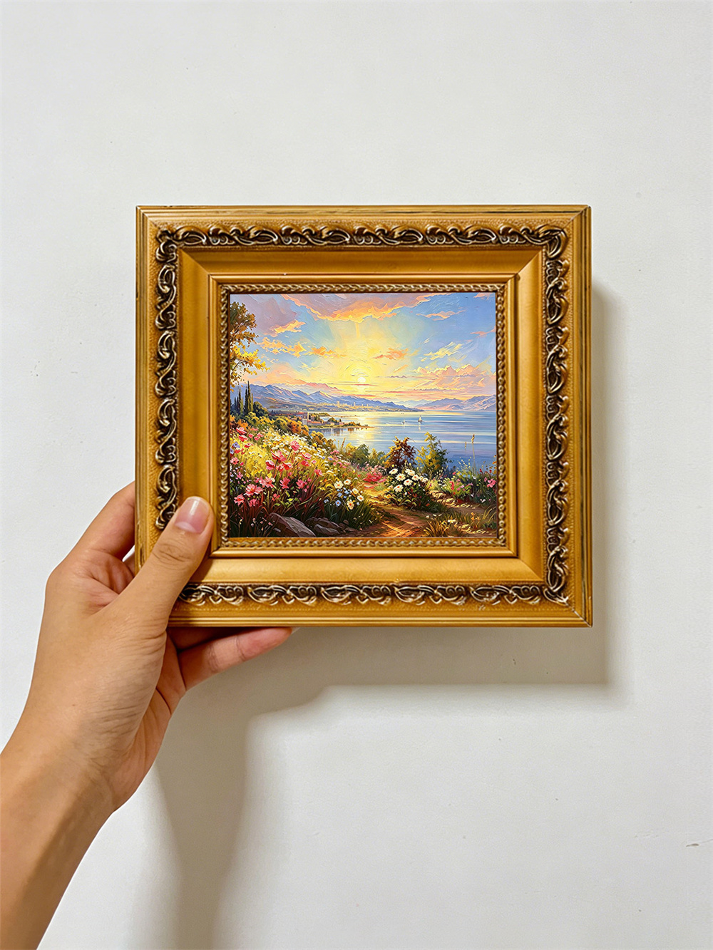 sunset lake town painting solid wood square wall art home decor