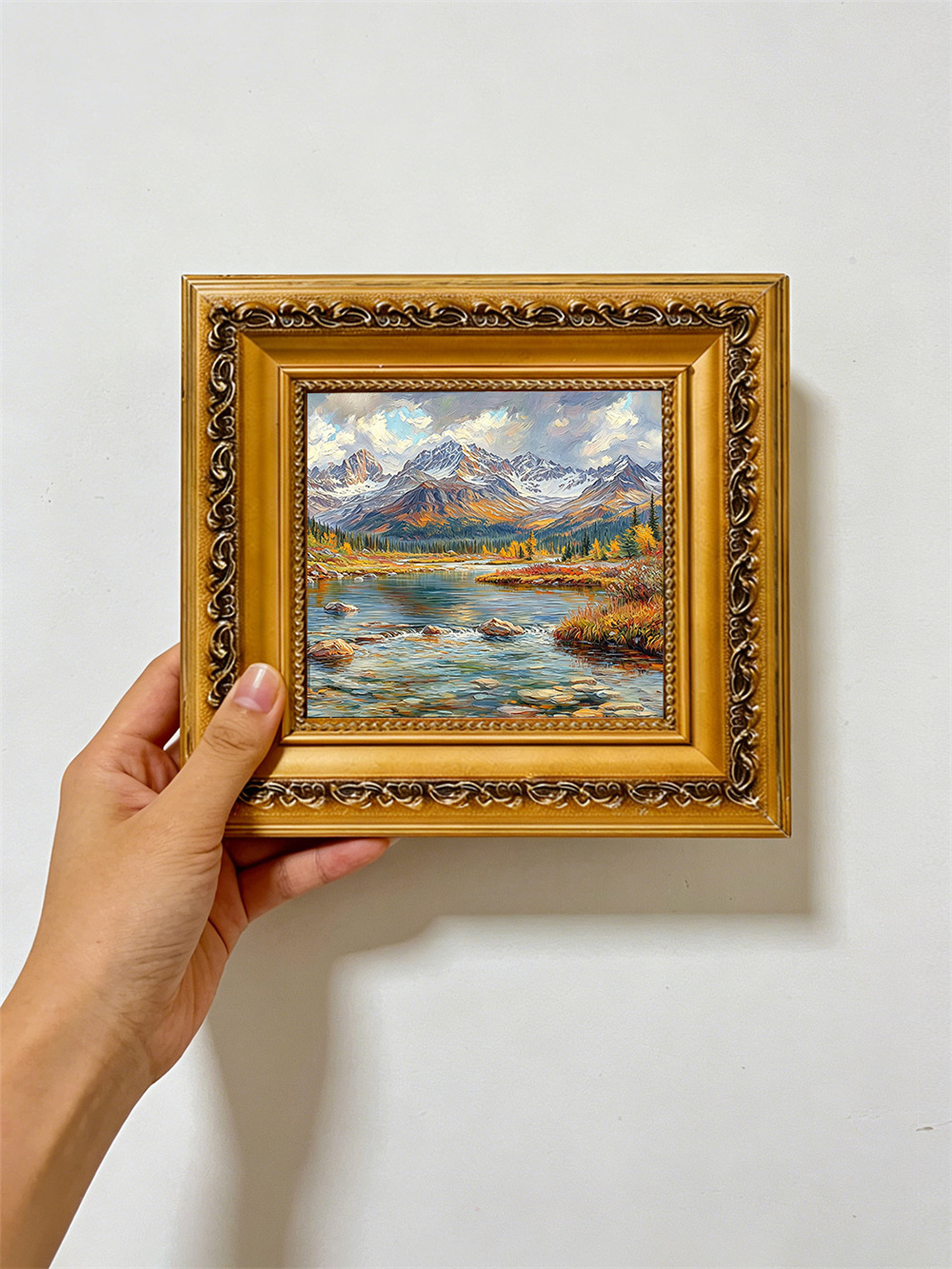 autumn snow mountain stream painting solid wood square wall art home decor