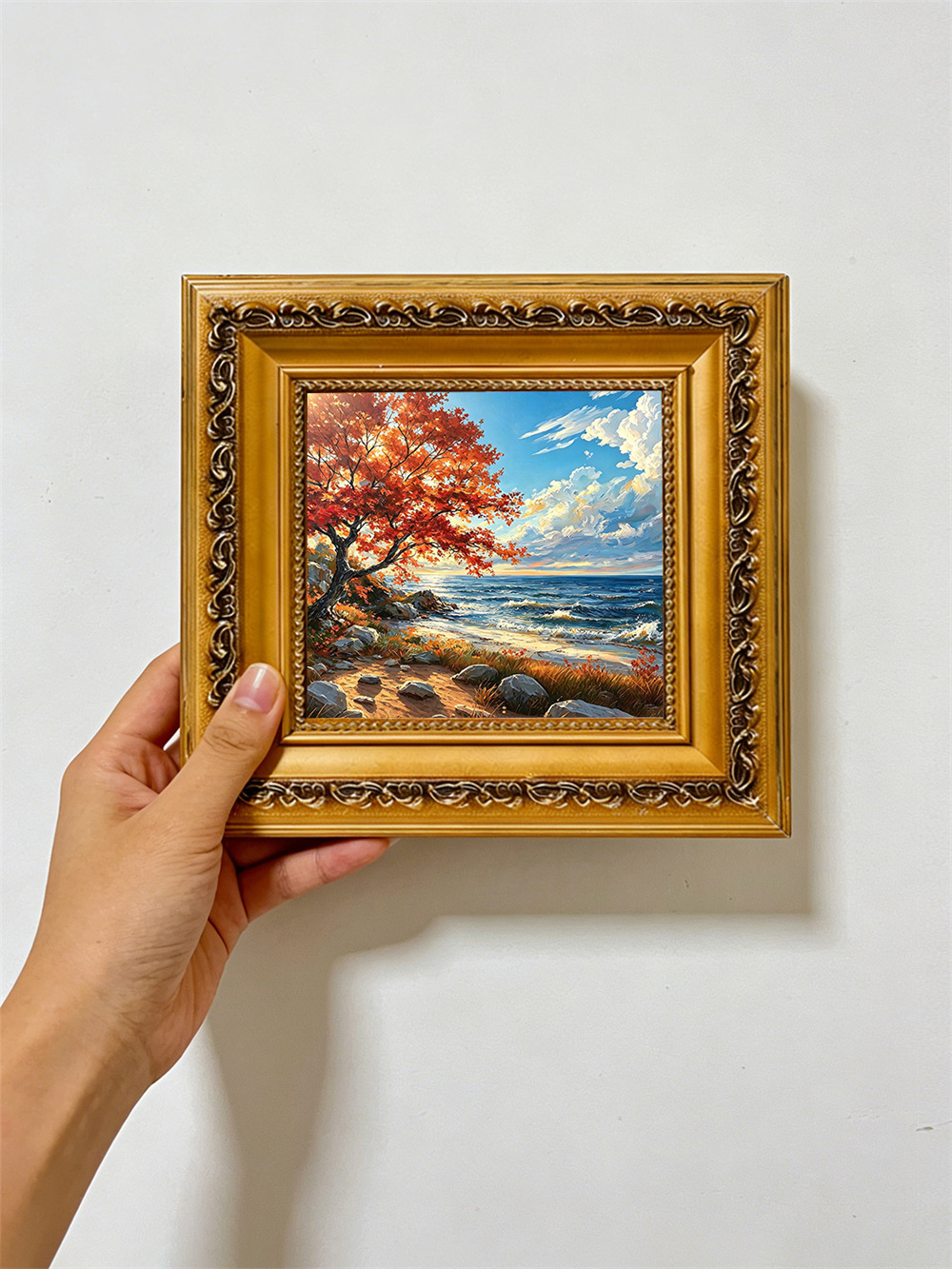autumn red tree seaside painting solid wood square wall art home decor