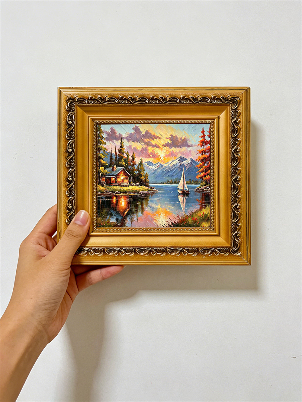 log cabin lake sunset painting solid wood square wall art home decor
