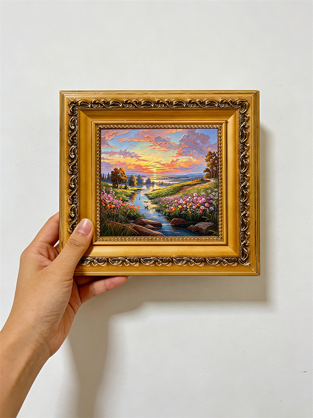 sunset flower creek painting solid wood square wall art home decor