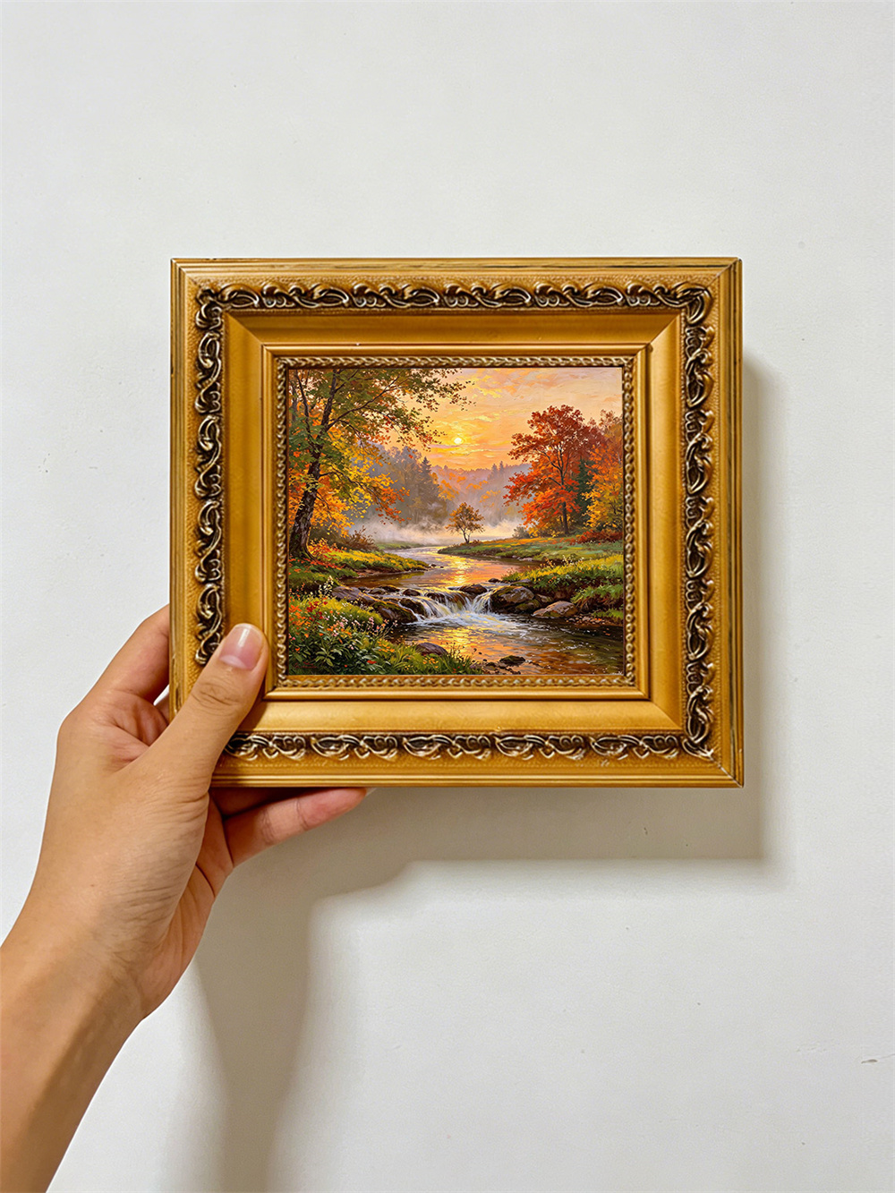 autumn brook sunset painting solid wood square wall art home decor
