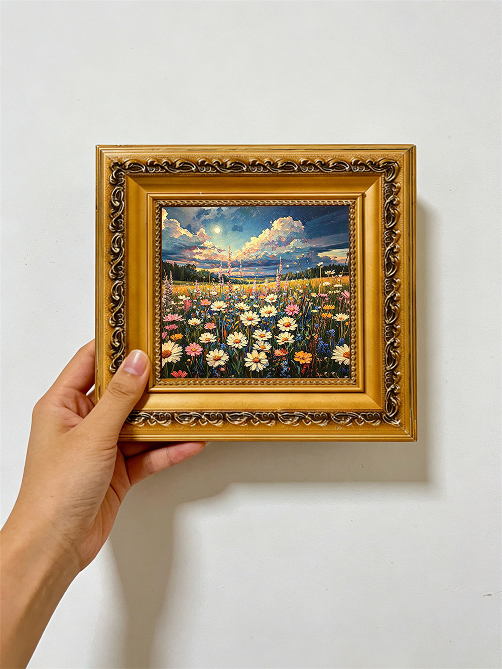 moon wildflower meadow painting solid wood square wall art home decor