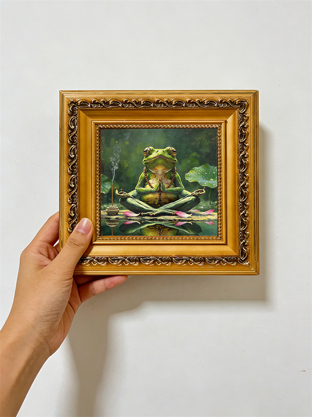 Meditating Yoga Frog Mini Framed Oil Painting, Zen Lotus Incense Antique Gold Frame Pond Spiritual Desk Decor Gift
