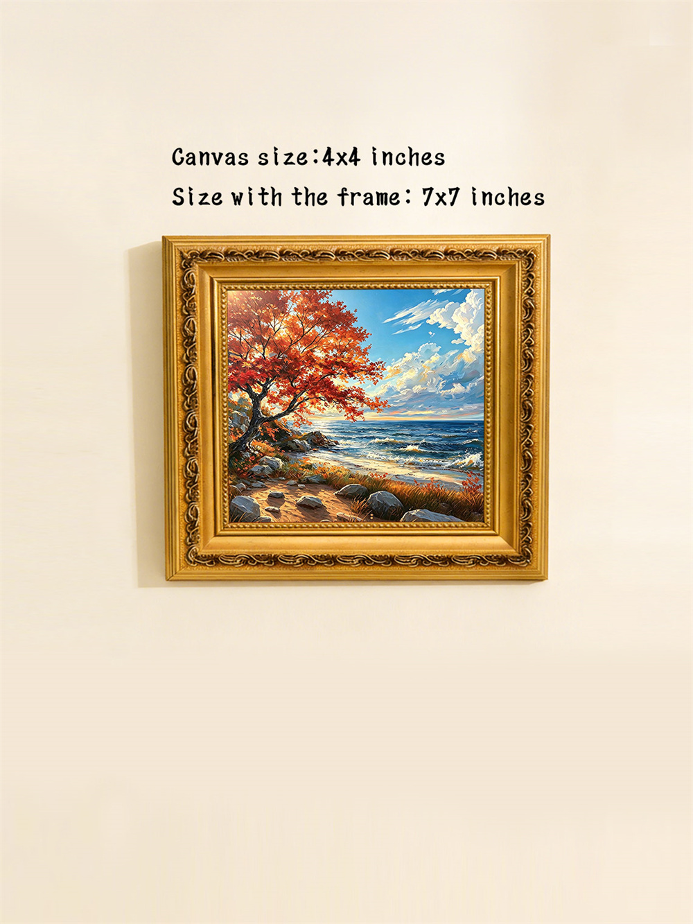 autumn red tree seaside painting solid wood square wall art home decor