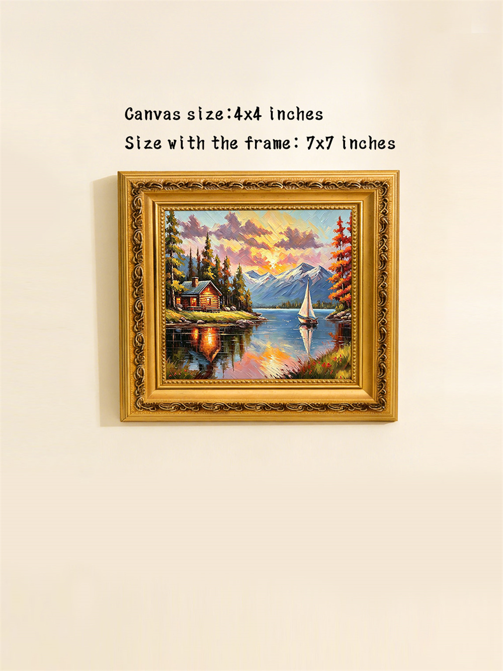 log cabin lake sunset painting solid wood square wall art home decor