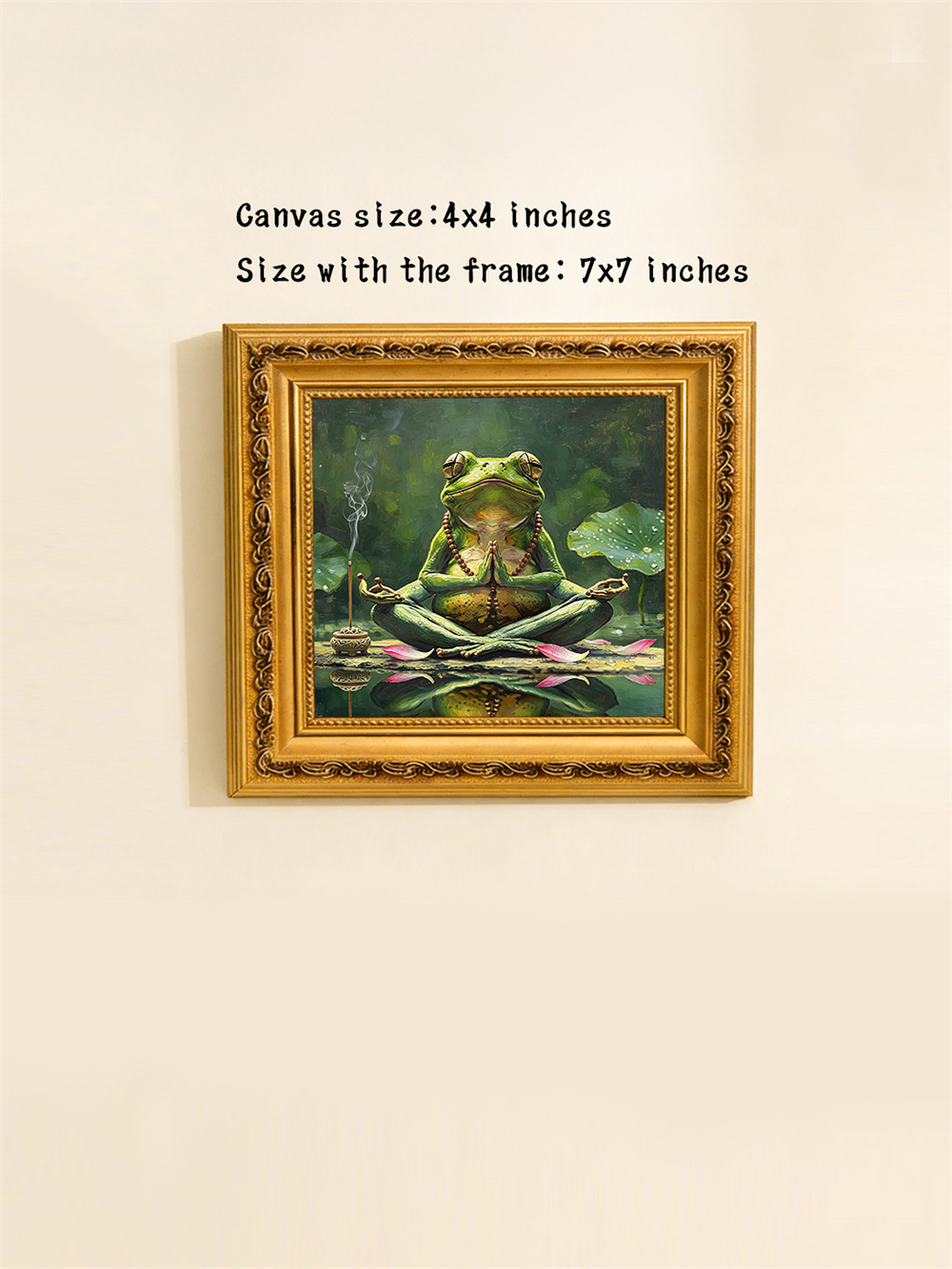 Meditating Yoga Frog Mini Framed Oil Painting, Zen Lotus Incense Antique Gold Frame Pond Spiritual Desk Decor Gift