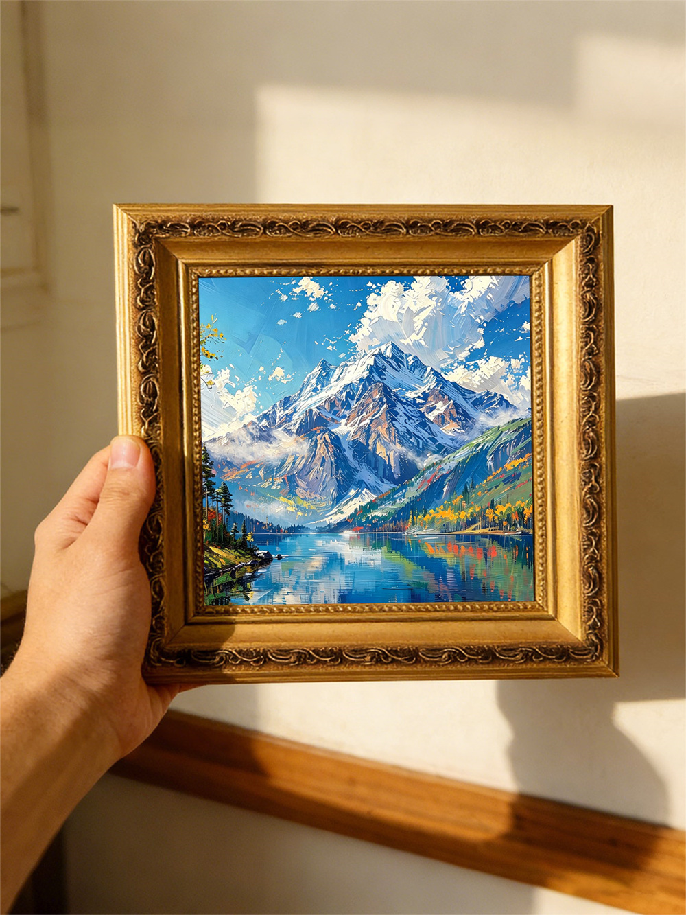 snow mountain lake painting solid wood square wall art home decor