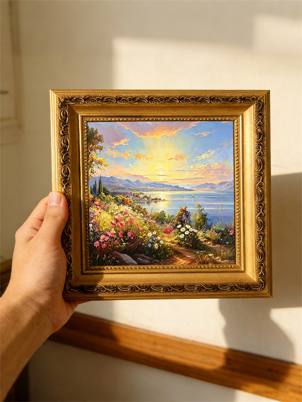 sunset lake town painting solid wood square wall art home decor