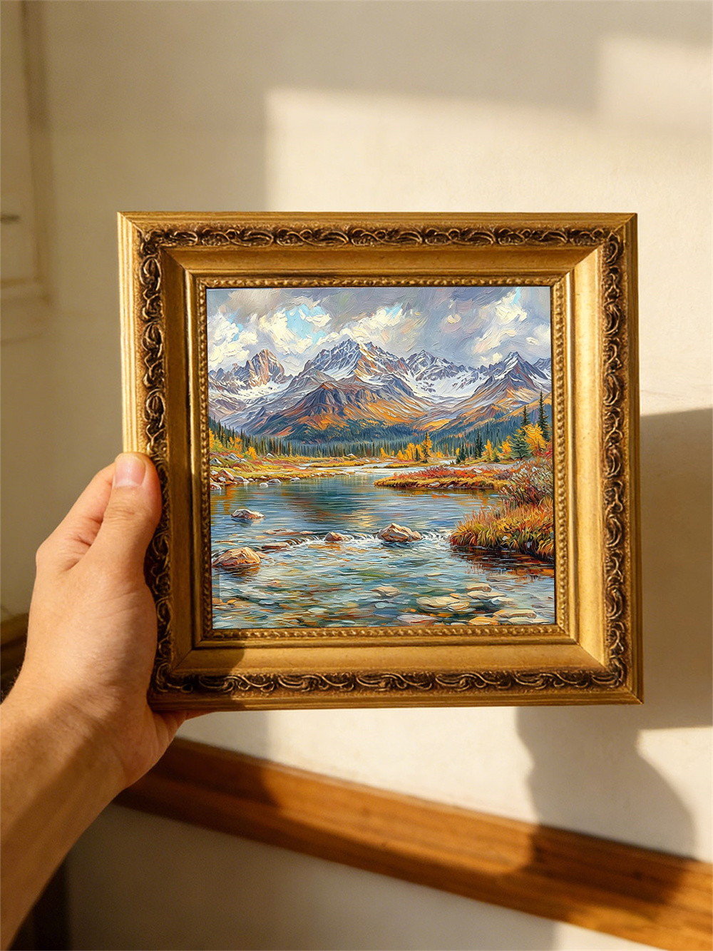 autumn snow mountain stream painting solid wood square wall art home decor