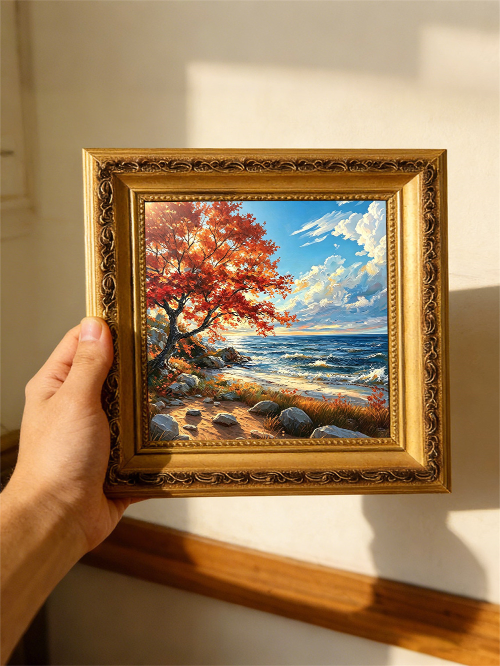 autumn red tree seaside painting solid wood square wall art home decor