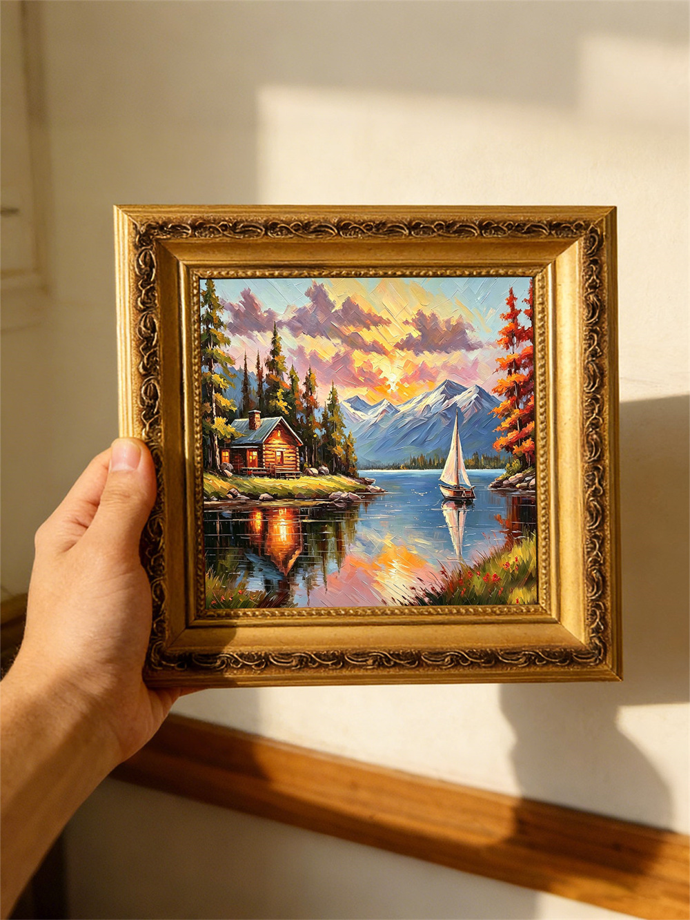 log cabin lake sunset painting solid wood square wall art home decor