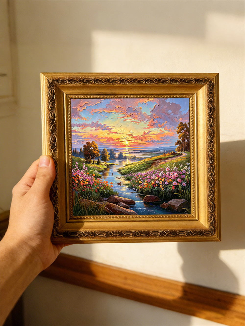 sunset flower creek painting solid wood square wall art home decor