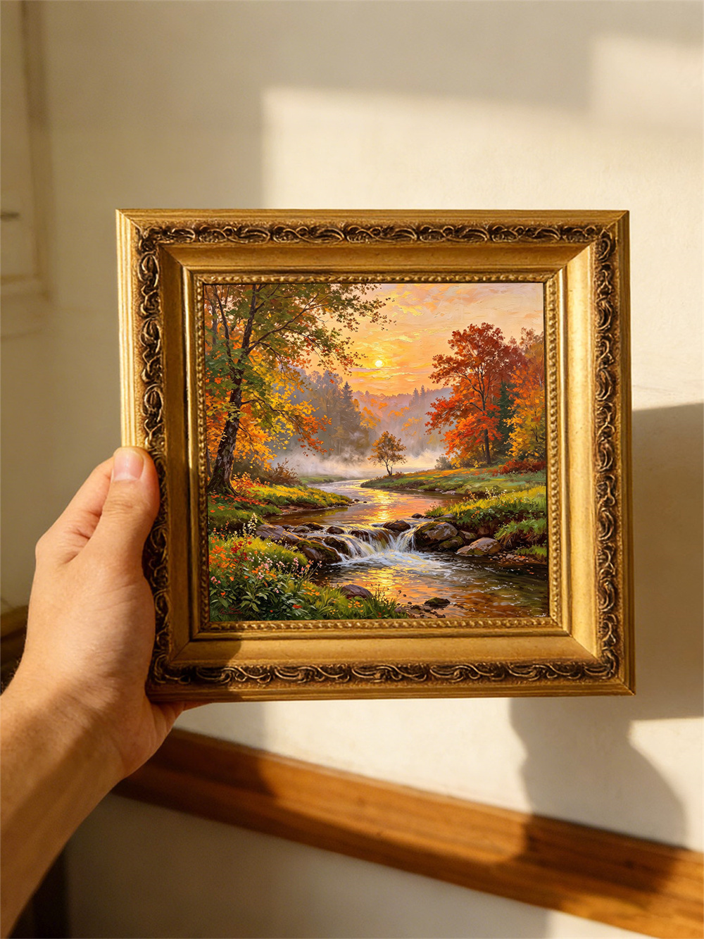 autumn brook sunset painting solid wood square wall art home decor