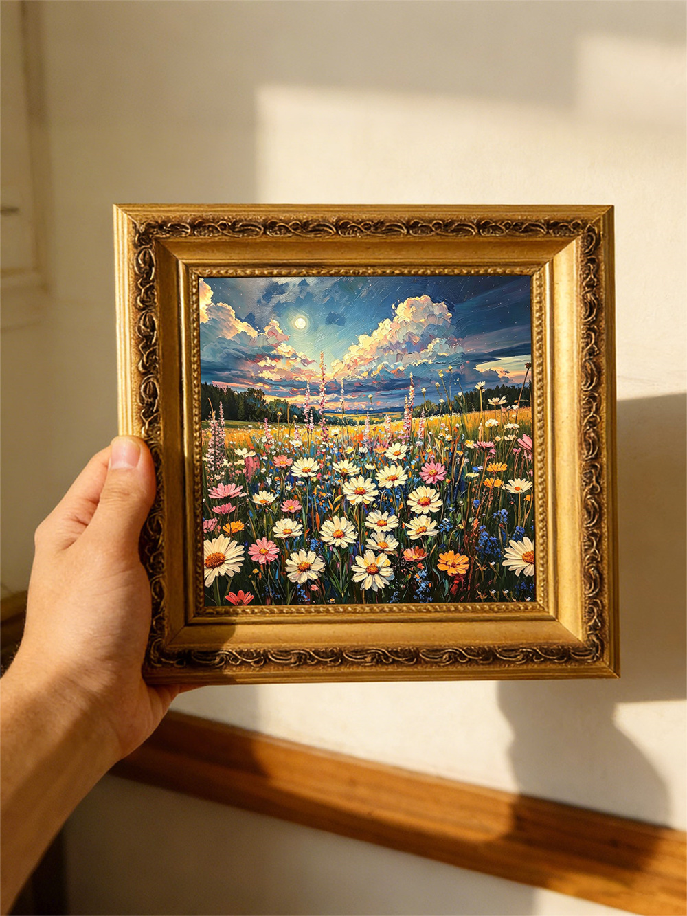 moon wildflower meadow painting solid wood square wall art home decor