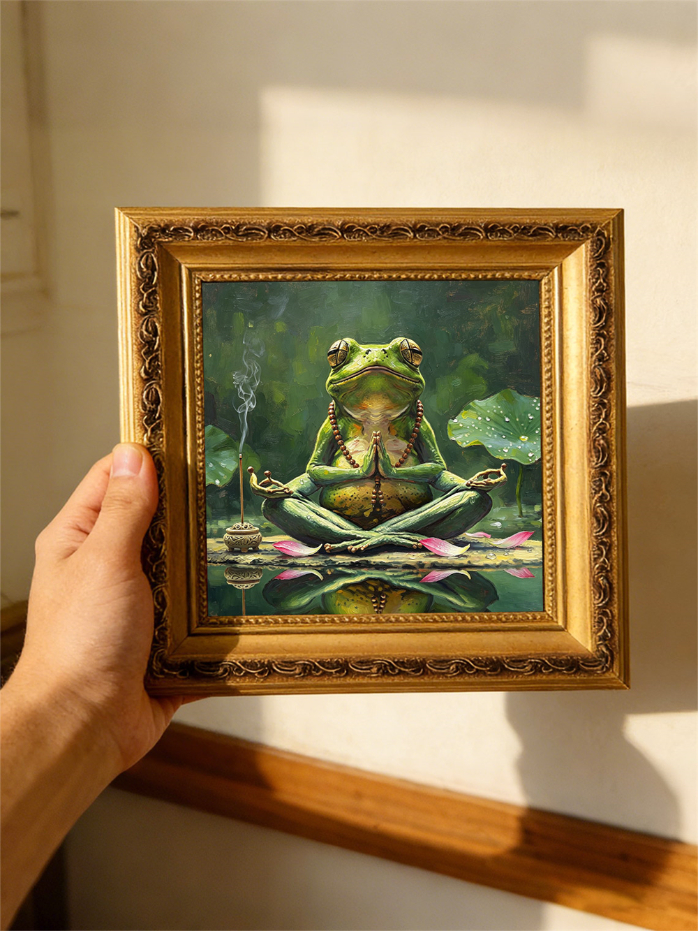 Meditating Yoga Frog Mini Framed Oil Painting, Zen Lotus Incense Antique Gold Frame Pond Spiritual Desk Decor Gift