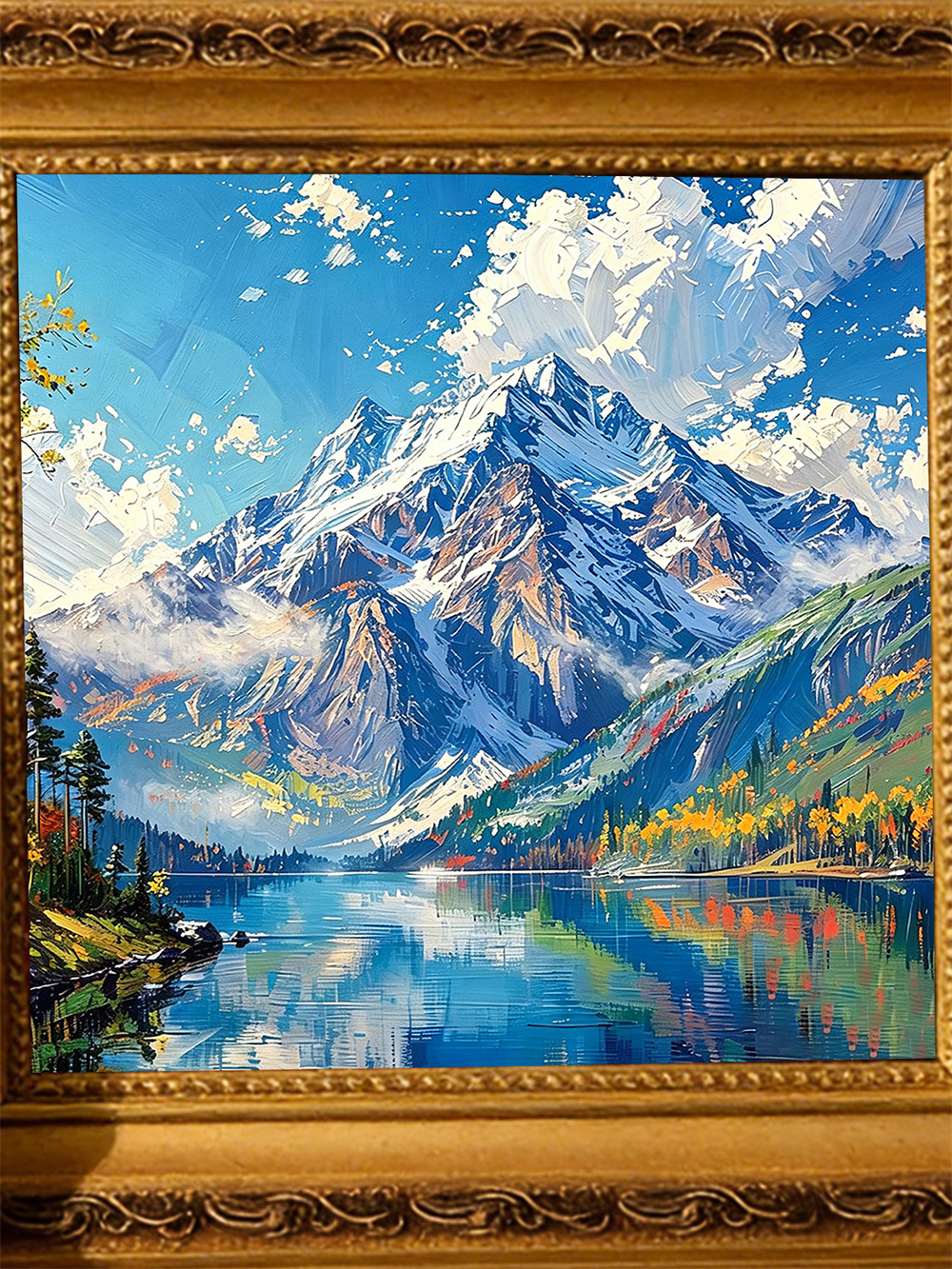 snow mountain lake painting solid wood square wall art home decor