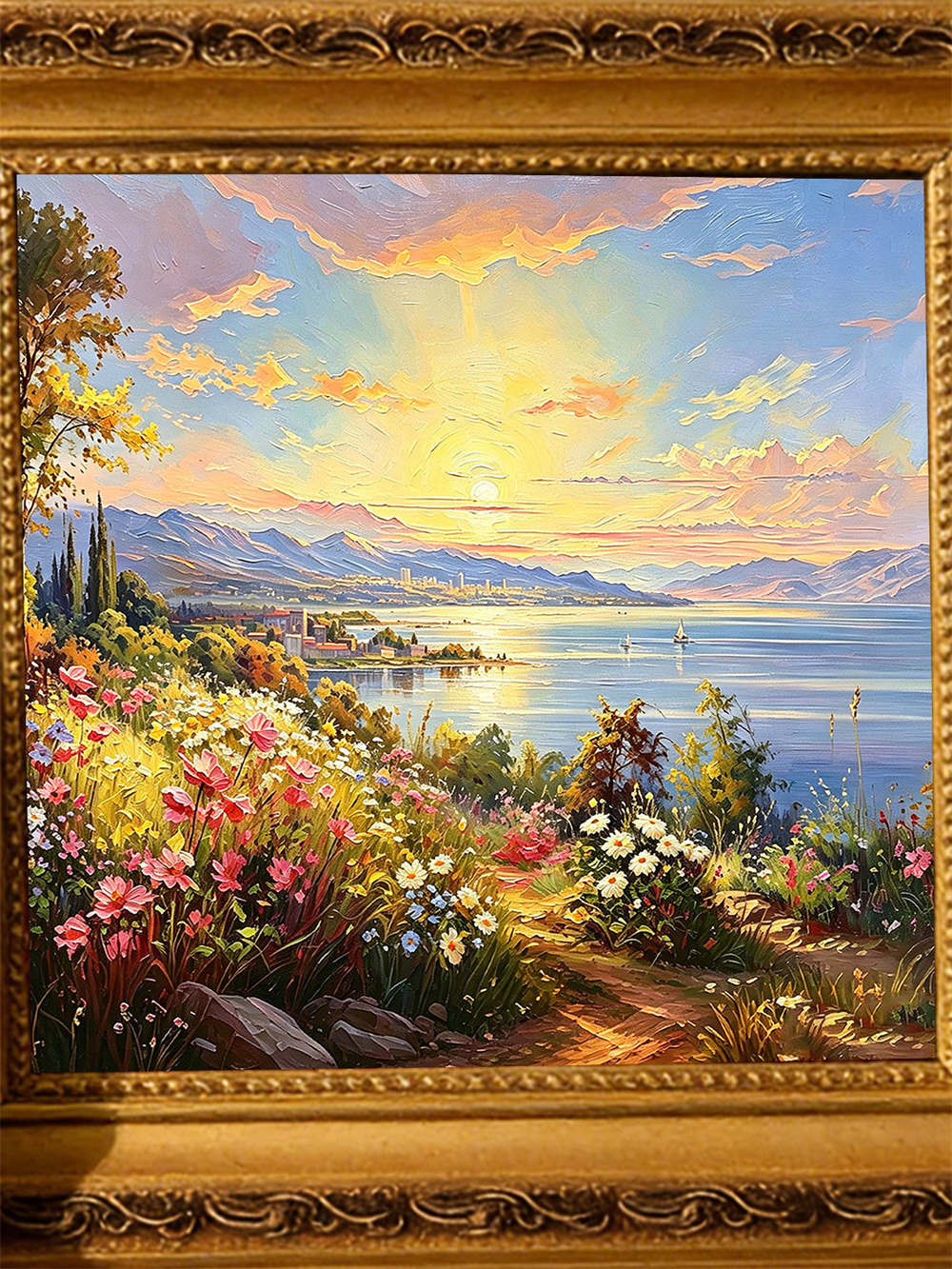 sunset lake town painting solid wood square wall art home decor