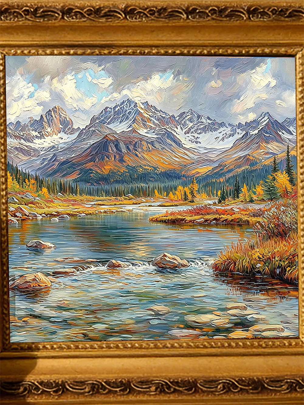 autumn snow mountain stream painting solid wood square wall art home decor
