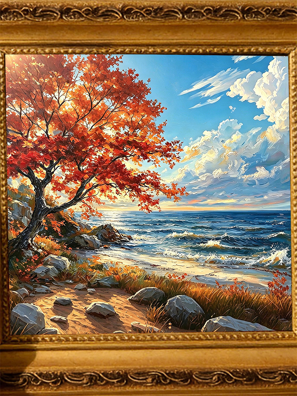 autumn red tree seaside painting solid wood square wall art home decor
