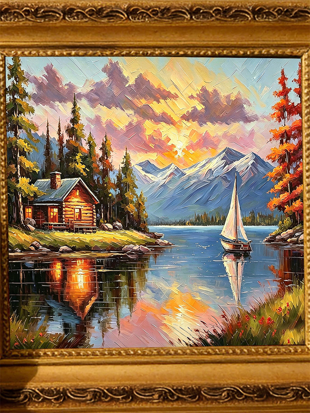 log cabin lake sunset painting solid wood square wall art home decor