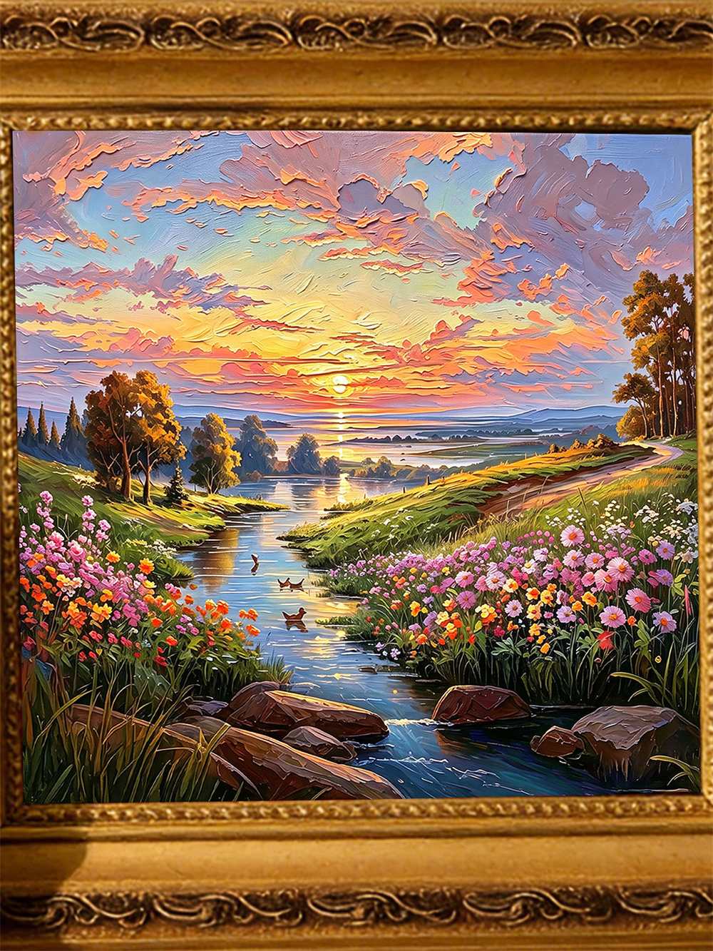 sunset flower creek painting solid wood square wall art home decor