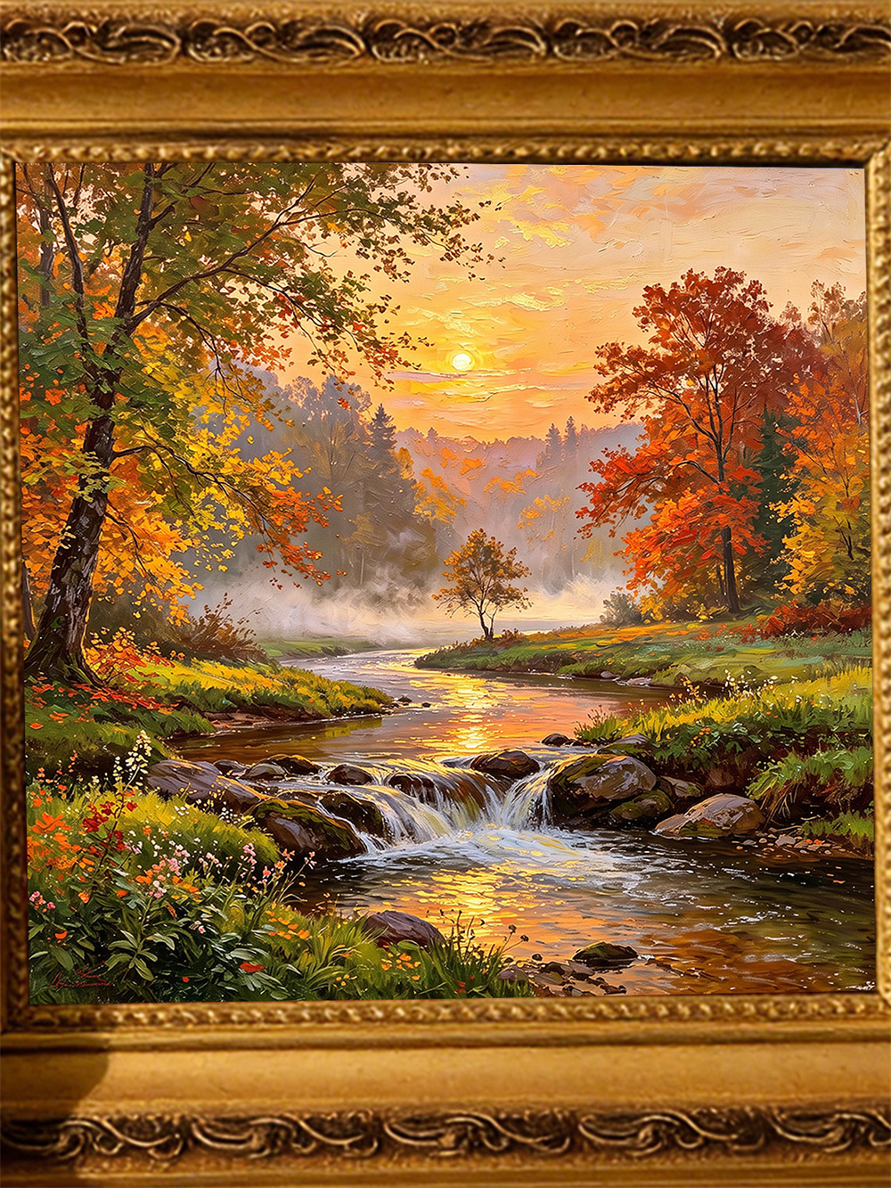 autumn brook sunset painting solid wood square wall art home decor