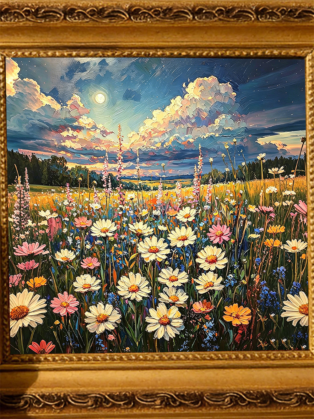 moon wildflower meadow painting solid wood square wall art home decor