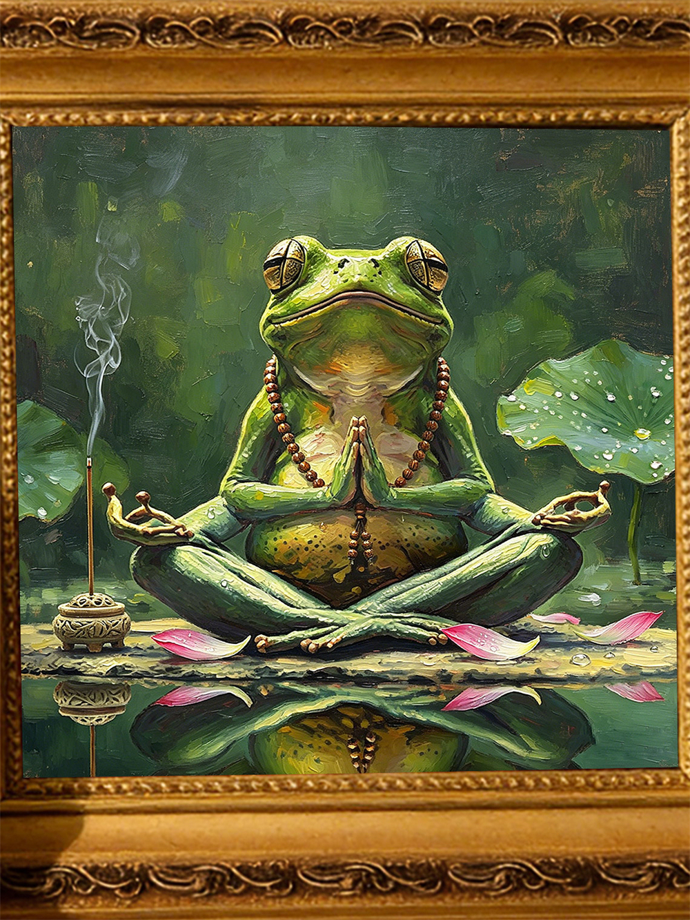 Meditating Yoga Frog Mini Framed Oil Painting, Zen Lotus Incense Antique Gold Frame Pond Spiritual Desk Decor Gift
