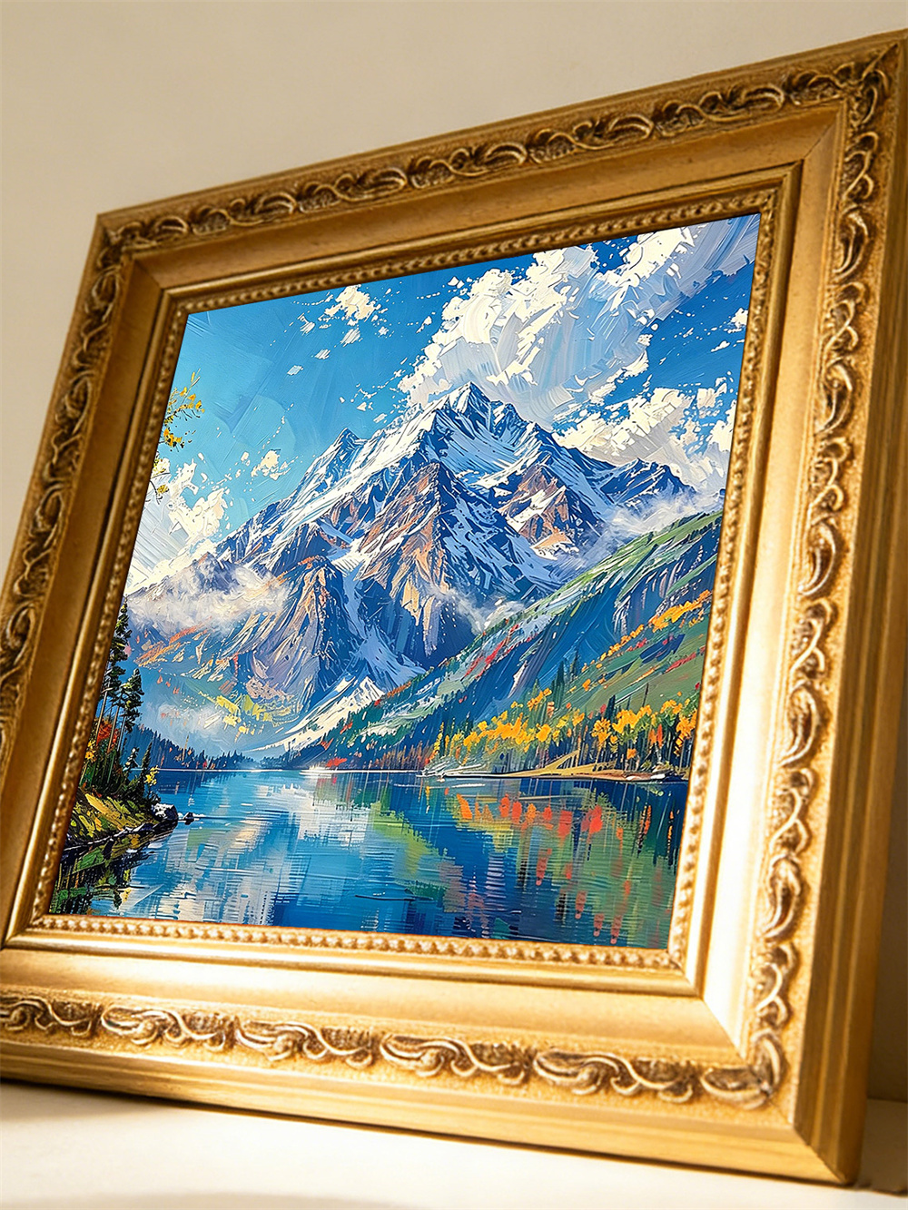 snow mountain lake painting solid wood square wall art home decor