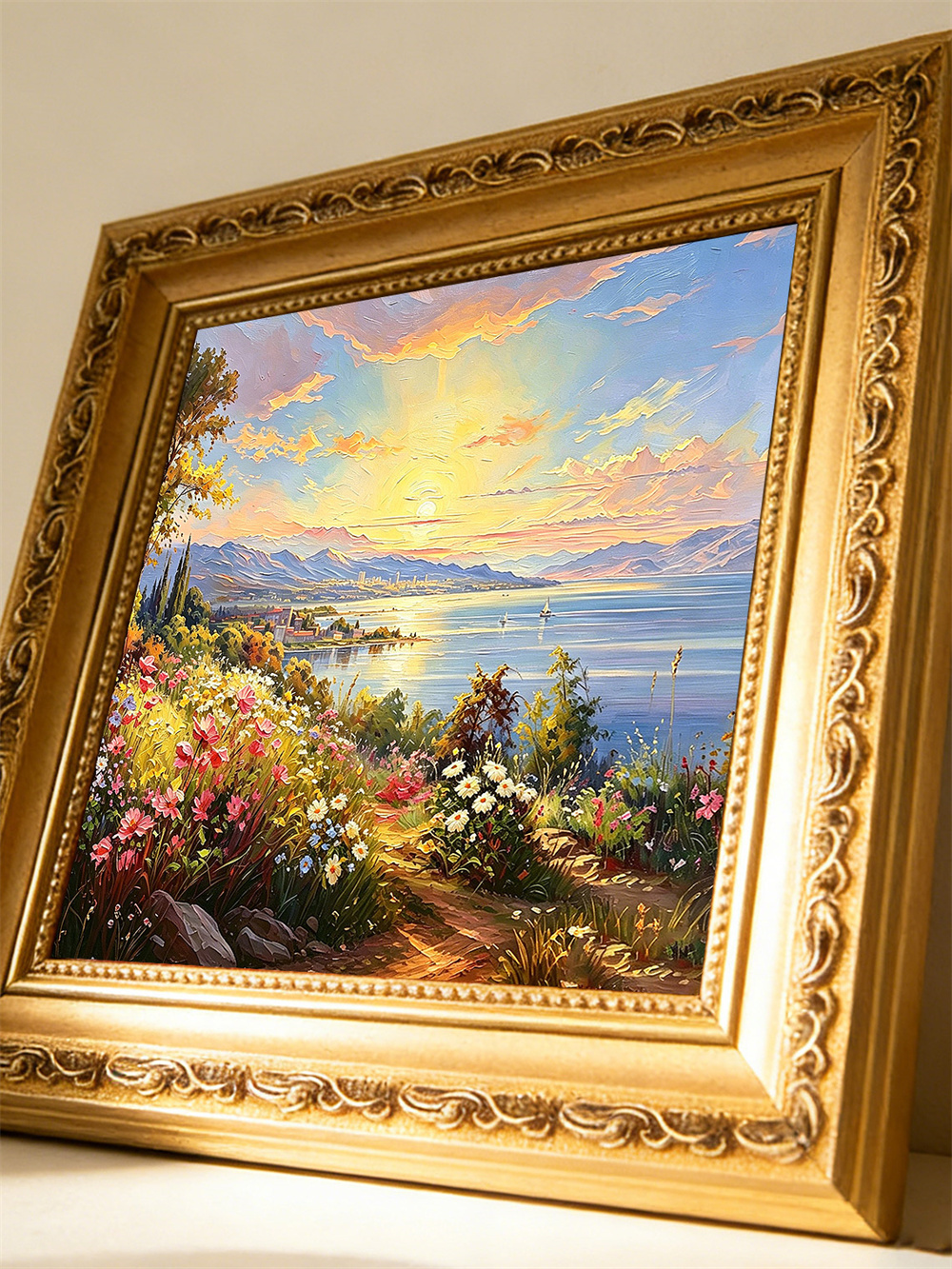 sunset lake town painting solid wood square wall art home decor