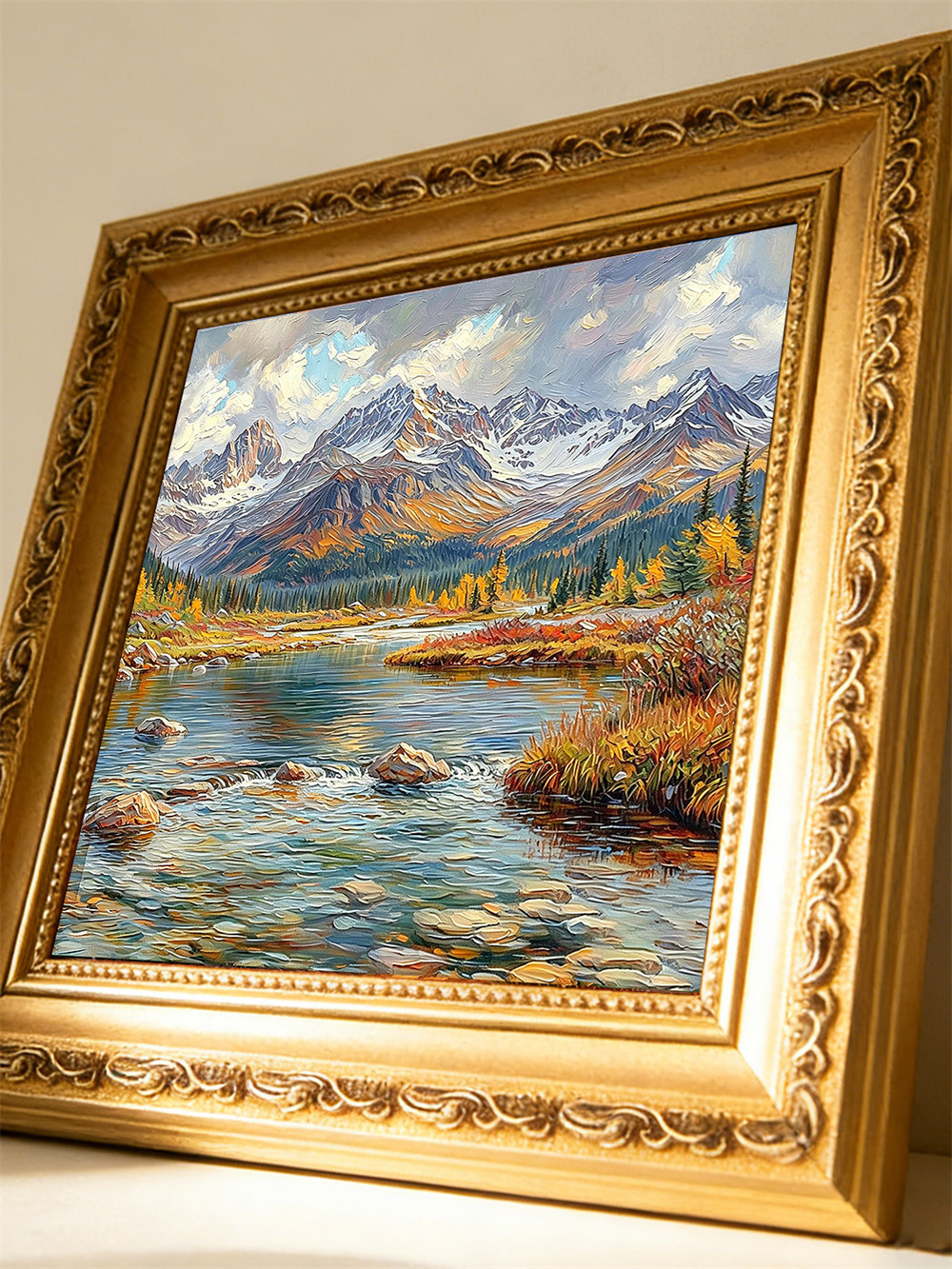 autumn snow mountain stream painting solid wood square wall art home decor