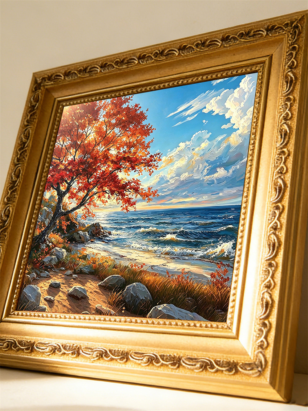 autumn red tree seaside painting solid wood square wall art home decor