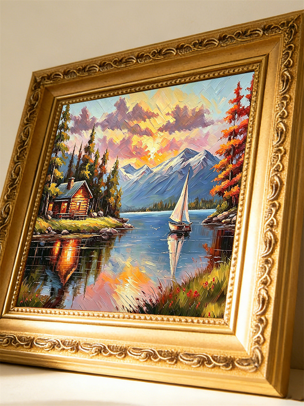 log cabin lake sunset painting solid wood square wall art home decor