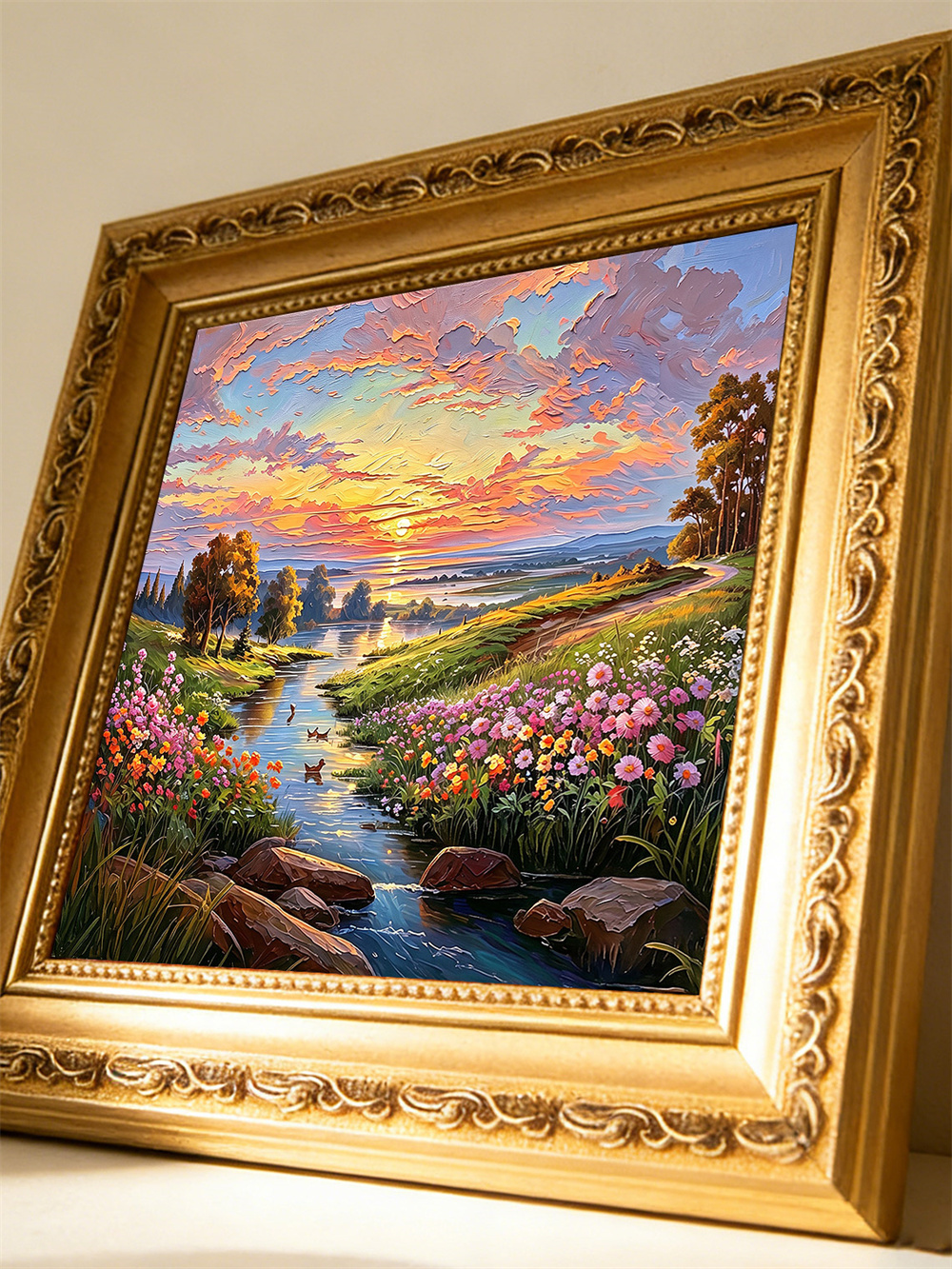 sunset flower creek painting solid wood square wall art home decor