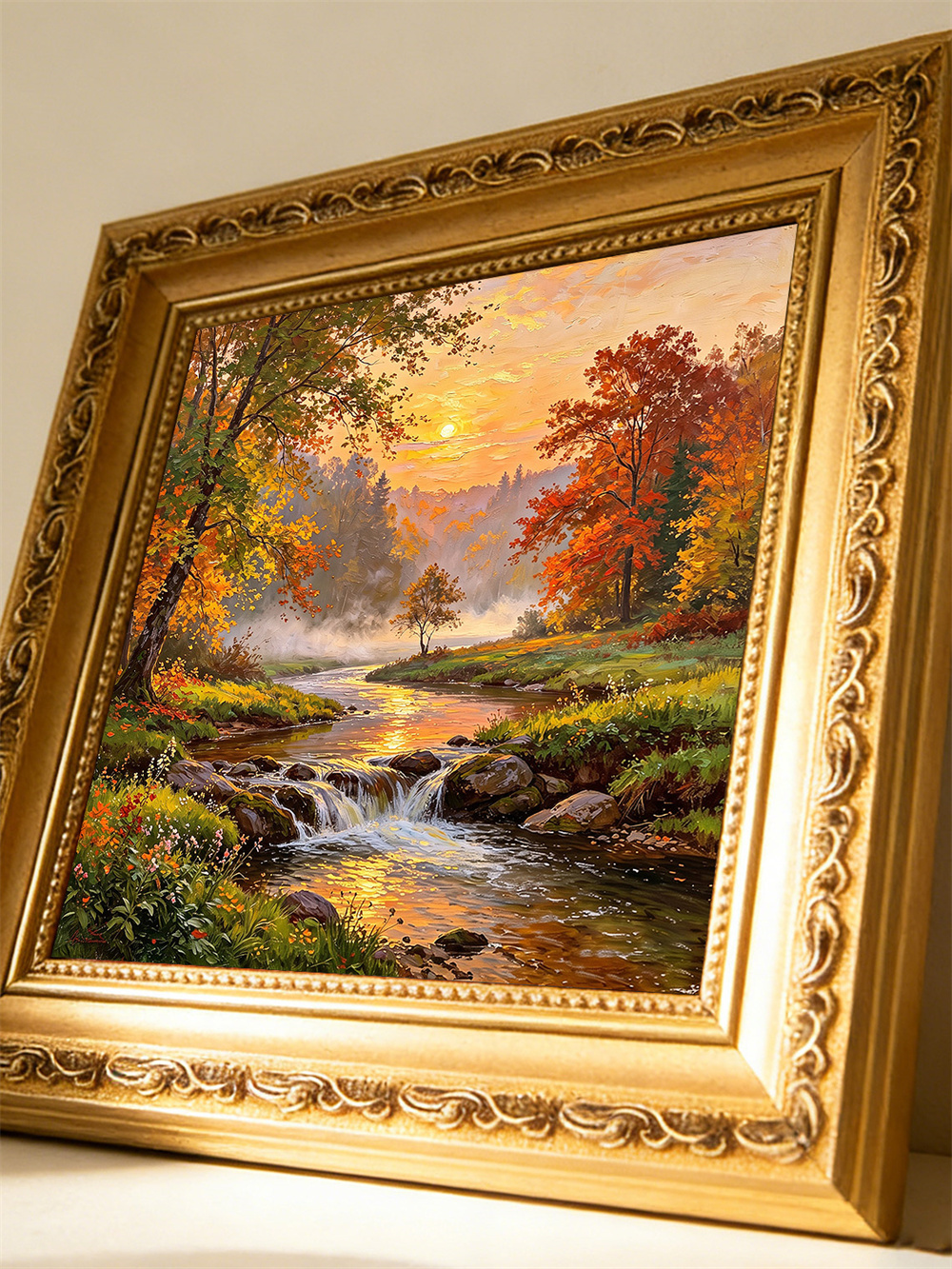 autumn brook sunset painting solid wood square wall art home decor