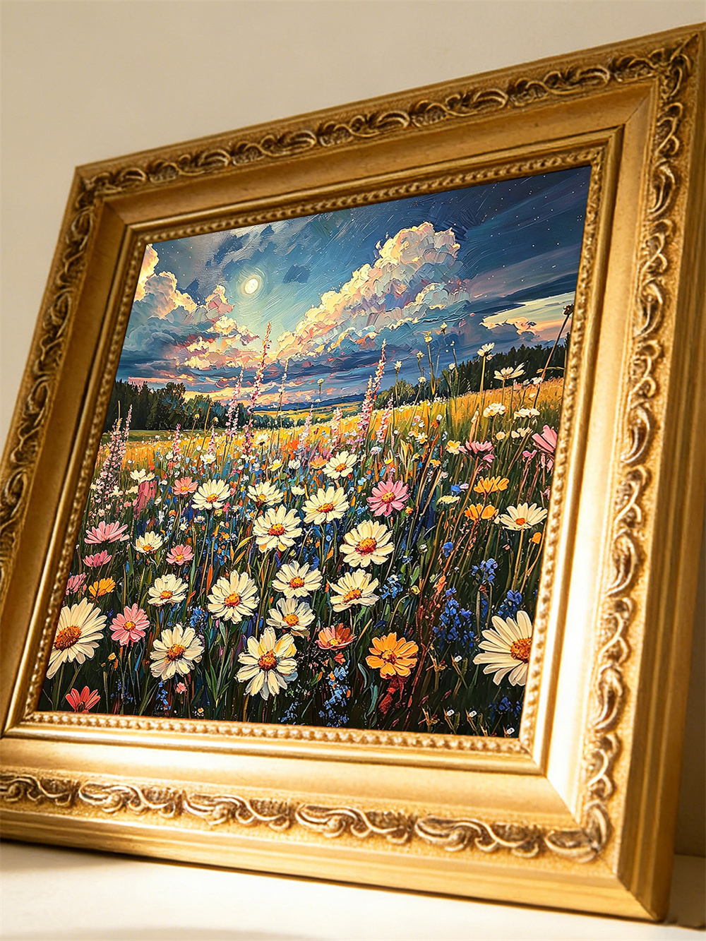 moon wildflower meadow painting solid wood square wall art home decor