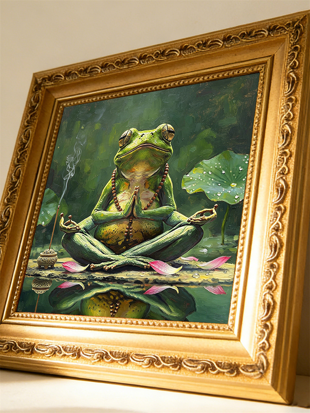 Meditating Yoga Frog Mini Framed Oil Painting, Zen Lotus Incense Antique Gold Frame Pond Spiritual Desk Decor Gift