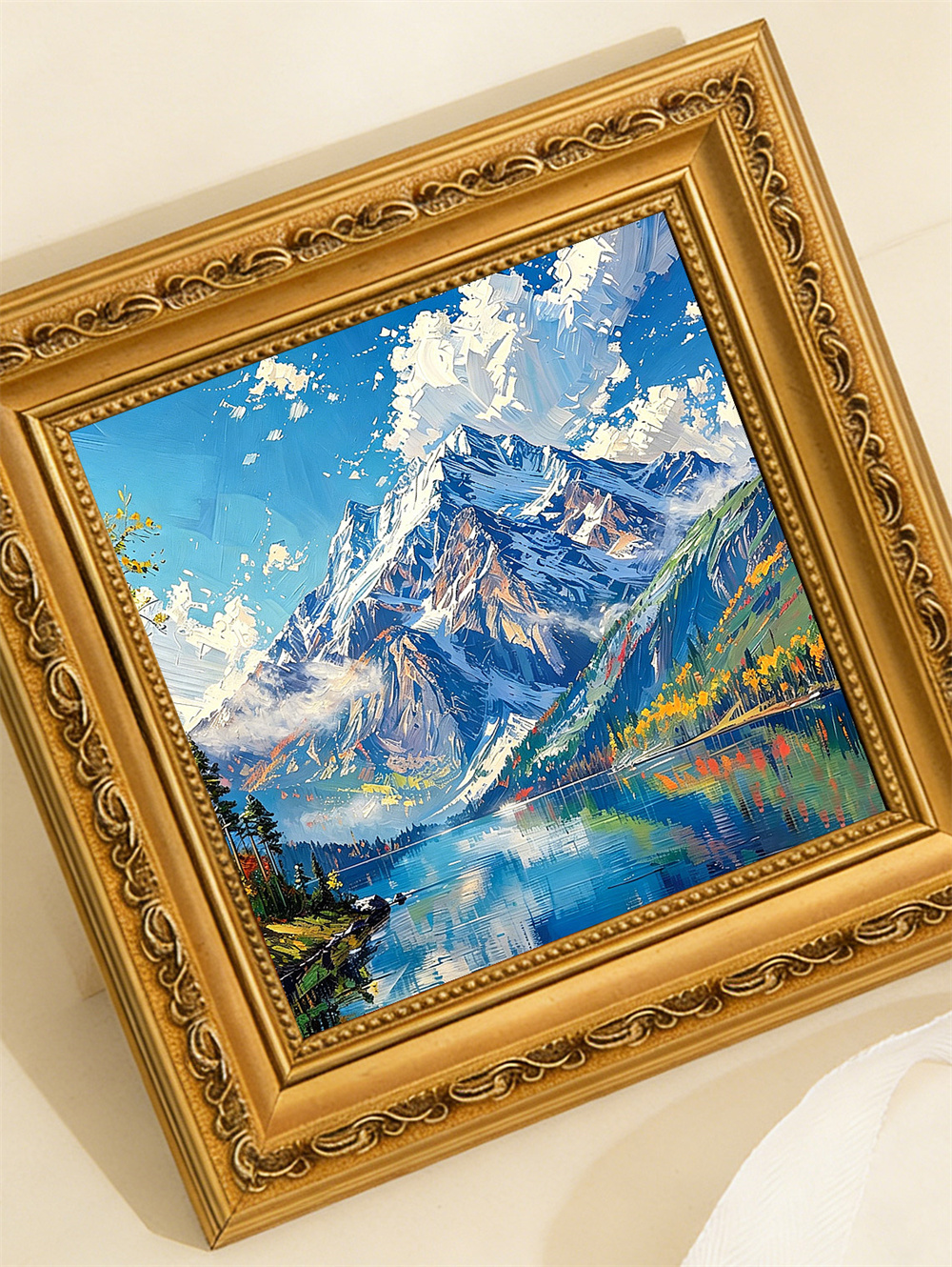 snow mountain lake painting solid wood square wall art home decor
