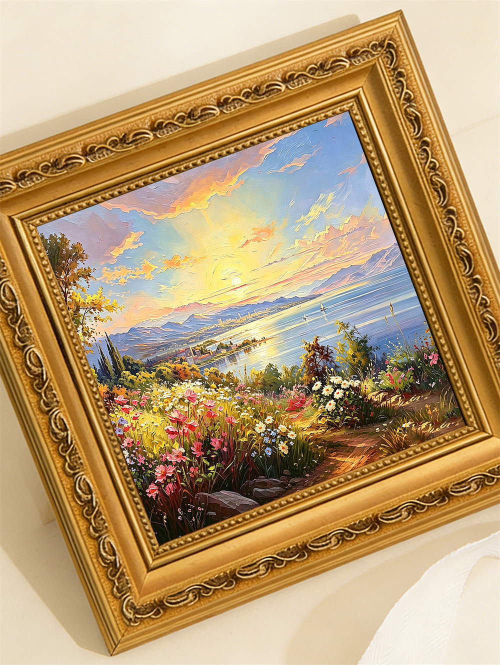 sunset lake town painting solid wood square wall art home decor