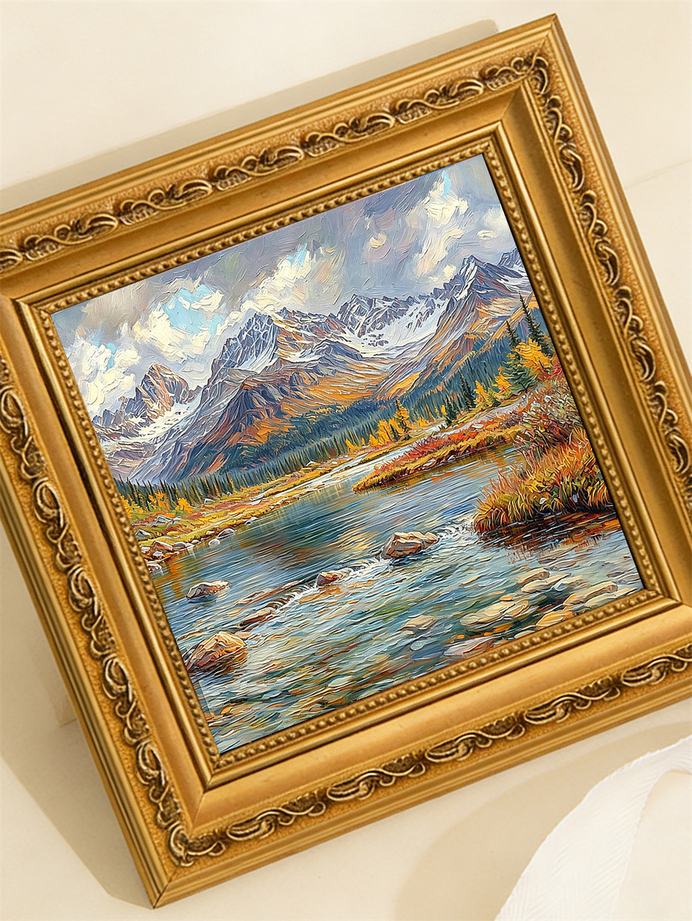 autumn snow mountain stream painting solid wood square wall art home decor