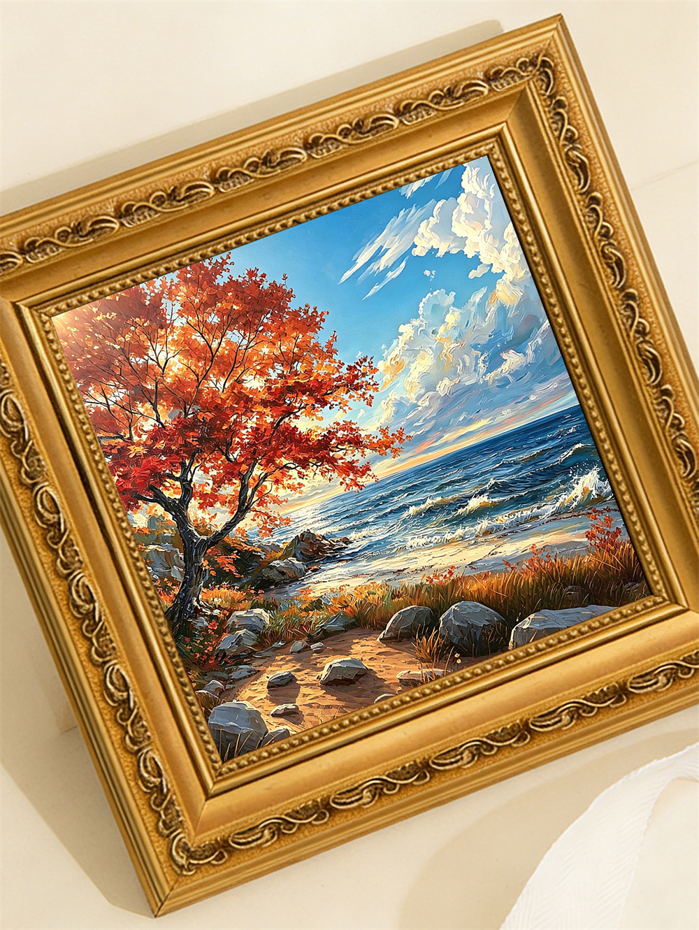 autumn red tree seaside painting solid wood square wall art home decor