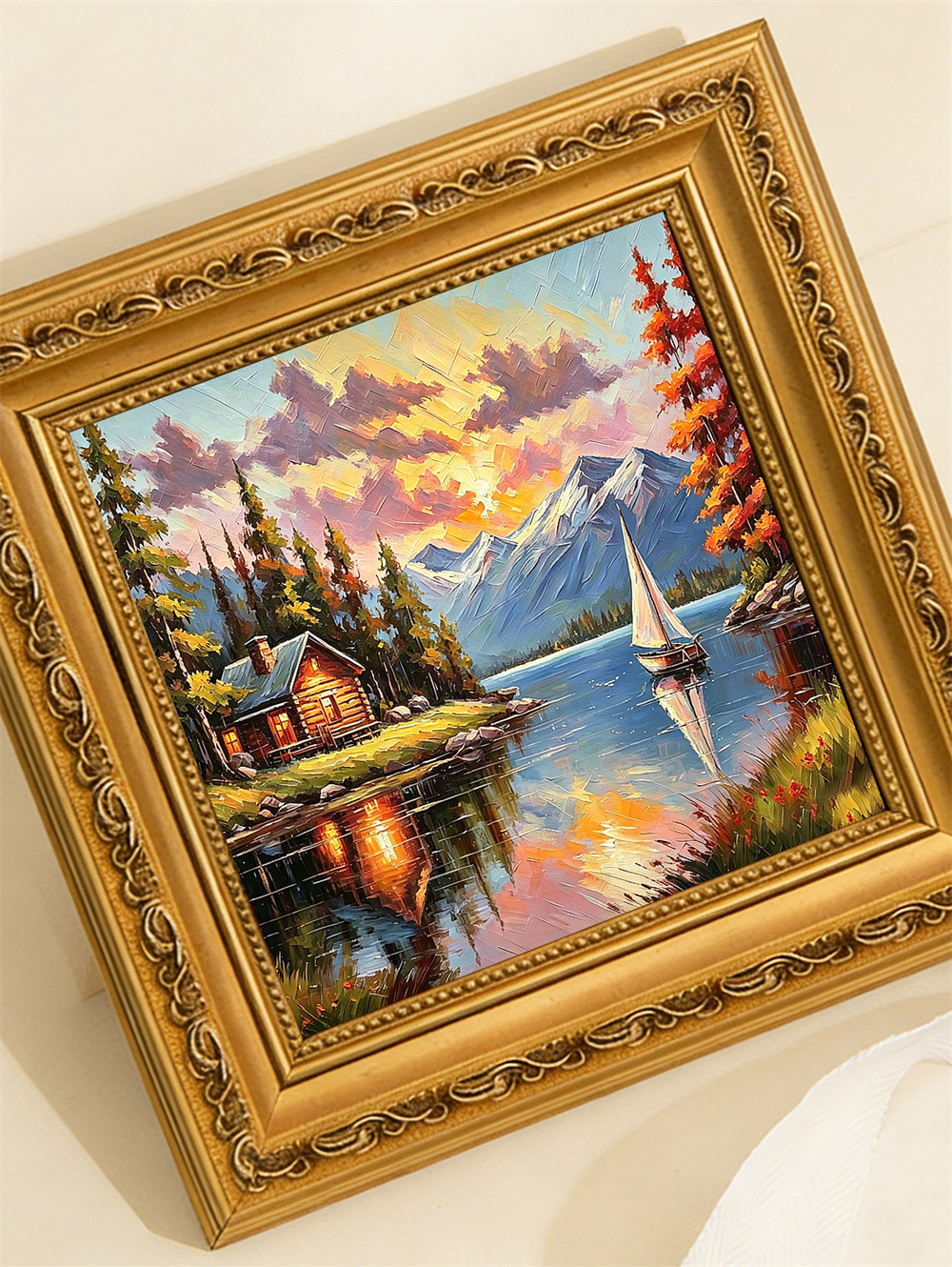 log cabin lake sunset painting solid wood square wall art home decor